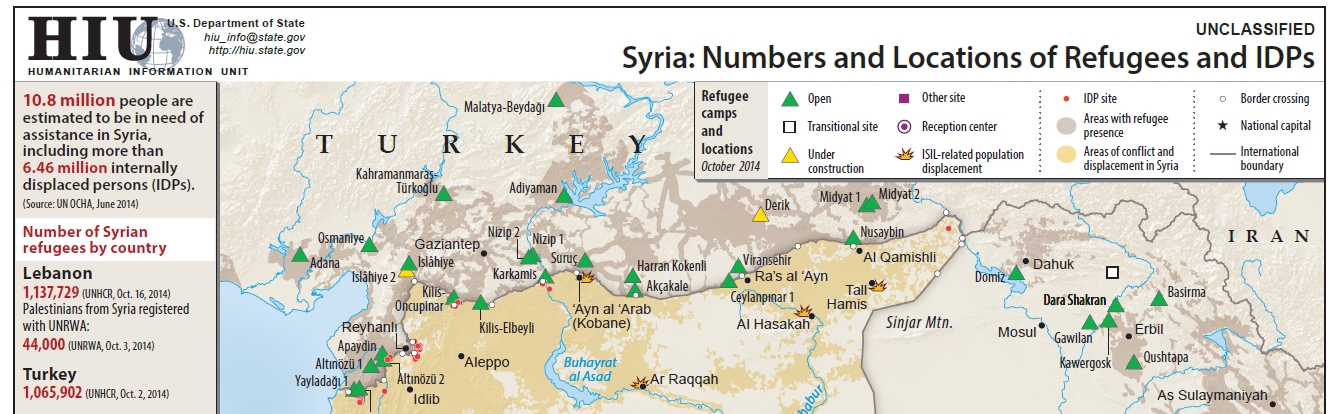 Clip of Syria map produced by the HIU, full map available here - https://hiu.state.gov/Products/Syria_DisplacementRefugees_2014Oct23_HIU_U1109.pdf