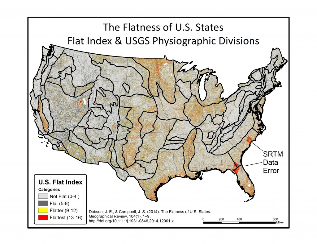Map shows the Flat Index for the Lower 48 of the United States overlaid with the boundaries of the USGS Physiographic regions.